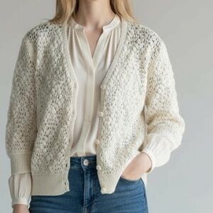 Cream Women's 3/4 Sleeve Hand Crochet Cotton Sweater